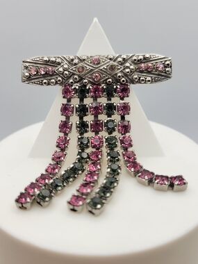 Art Deco Revival 1980s Rhinestone Fringe Bar Brooch Pin Pink Green Silver Tone